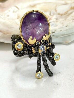 Artist Designed Coastal Sea Life Crab Amethyst Sterling Silver & 14k Ring